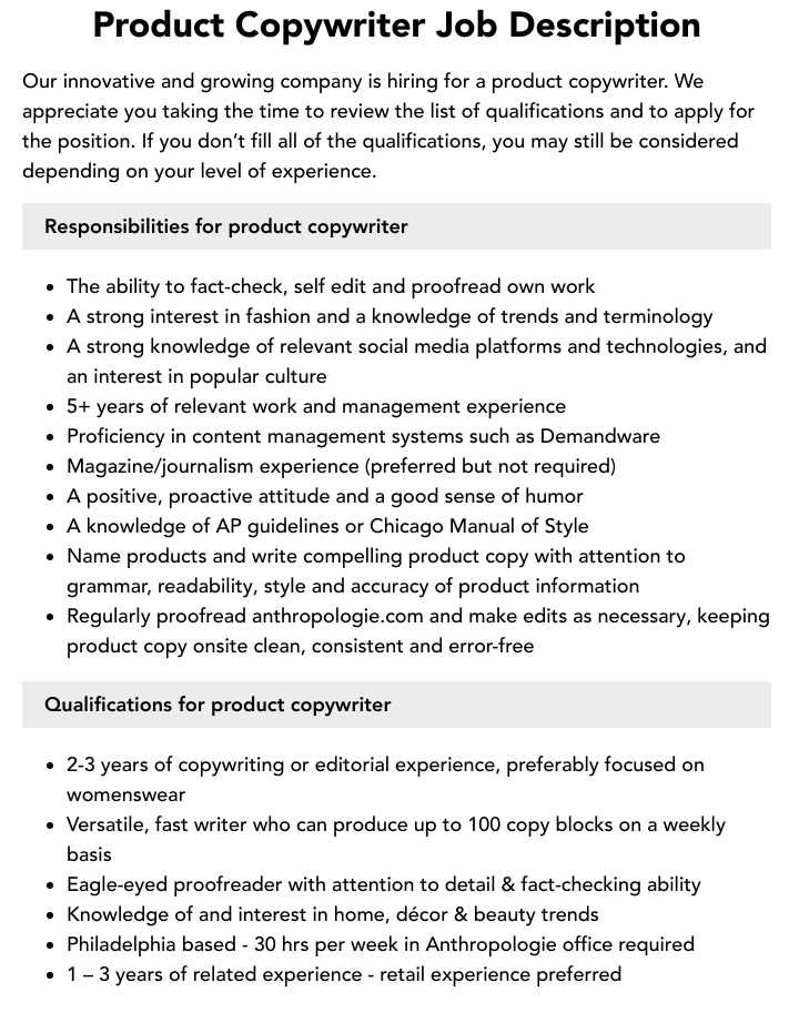 Product Copywriter Job Description | Velvet Jobs